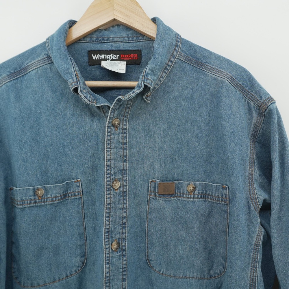 Wrangler Riggs Workwear Shirt Mens XLT Blue Denim Long Sleeve Button Down 3W510A